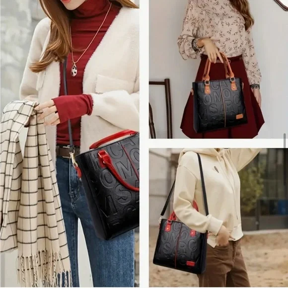 Perfect Lily Black Embossed Letter Tote Bag Red Handle Crossbody NIP - Picture 2 of 12